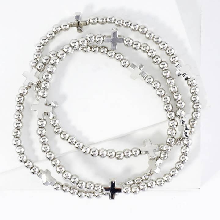 Wild Honey - Wholesale Jewelry Set - 3PC-Set Metallic Beads Cross Stackable Stretch Bracelets4