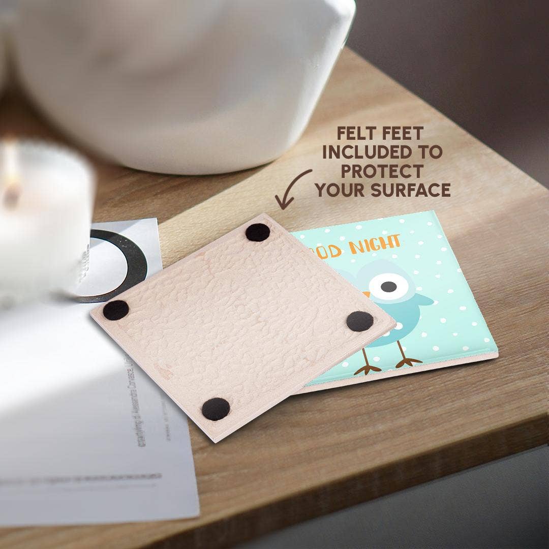 3dRose – wholesale Coasters – 3dRose, Cute Baby Woodland Owl Bird Typography On Blue Polkadots - Good Night, Coaster3