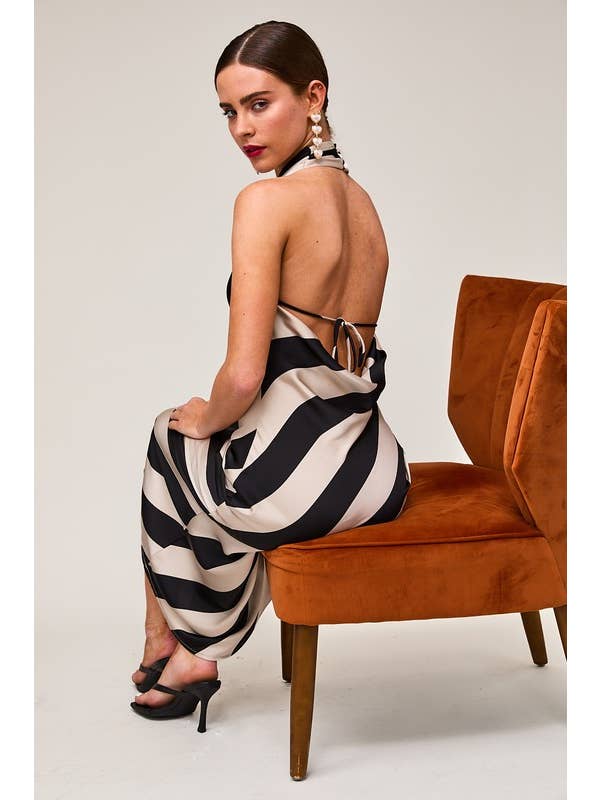 Taupe black Stripe HALTER COWL NECK MIDI DRESS for wholesale on Faire