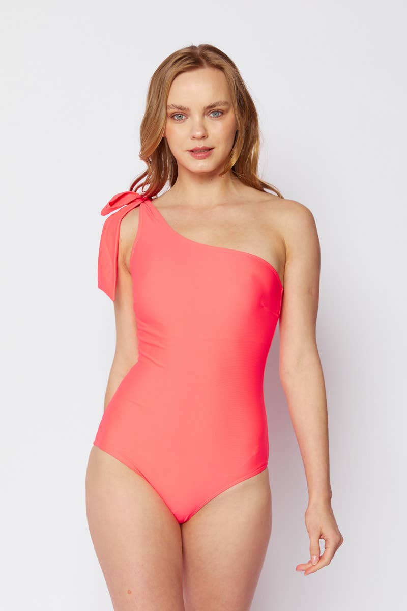 MARINA WEST SWIM - Wholesale One Piece Swimsuit - Women's - One-Off Shoulder with Tie Ribbon Pink-F1803_Neon Coral