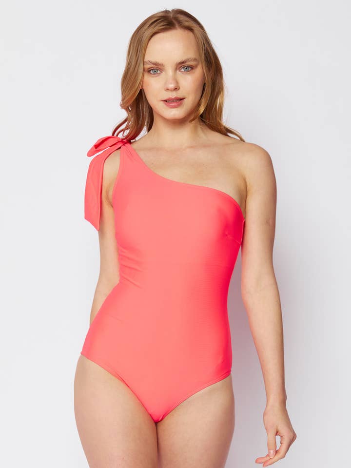 MARINA WEST SWIM - Wholesale One Piece Swimsuit - Women's - One-Off Shoulder with Tie Ribbon Pink-F1803_Neon Coral0