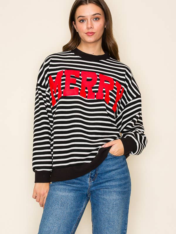 Tres Bien, Inc - Wholesale T-Shirt (Graphic) - Women's - "MERRY" STRIPE L/S GRAPHIC SWEATSHIRT