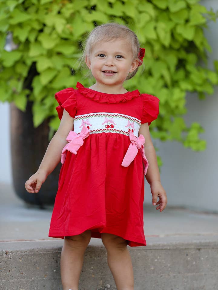Red Cherry Bow Smocking Embroidery Girls' Dress for wholesale by Rylee Faith Designs