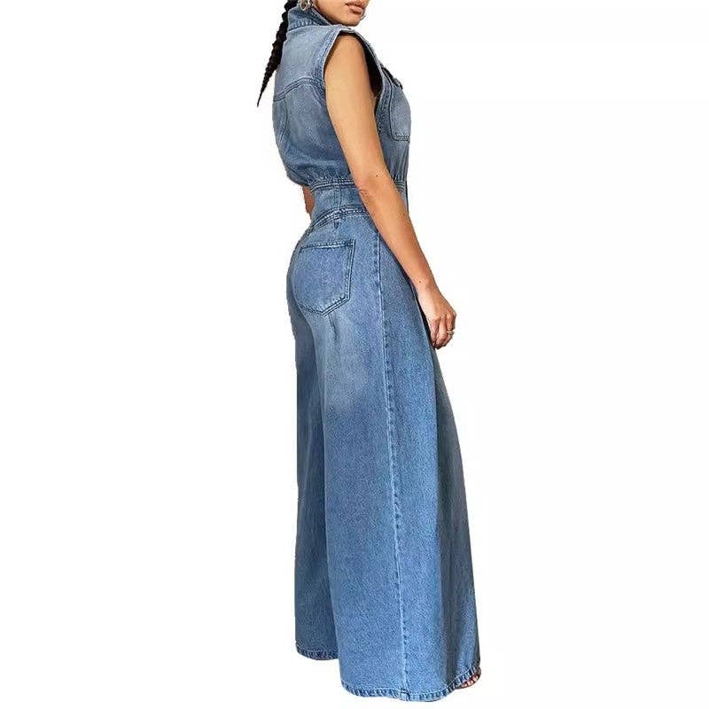 BLUE Washed Denim Sleeveless Jumpsuit Wide Leg for wholesale on Faire1