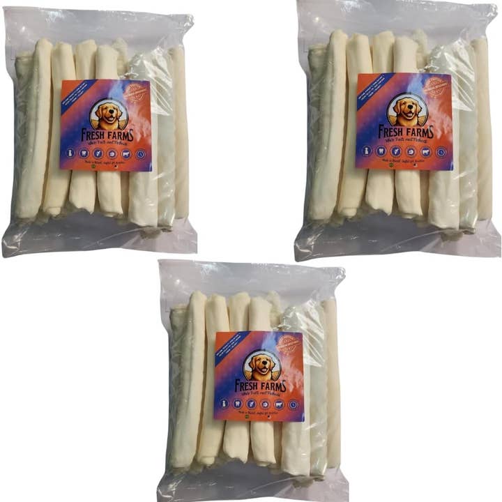Premium Råhud Økonomiboks: 3 Poser 20PK 9-10" Naturlige Råhudsruller for engroshandel hos Fresh Farms Pet