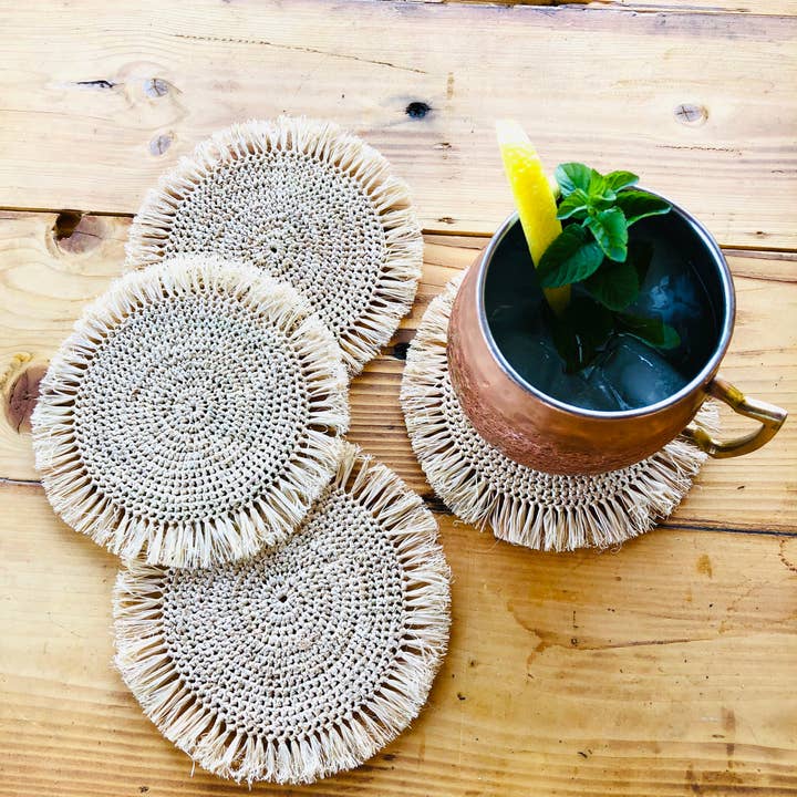 Shebobo - Vente Sous-verre - Sets de sous-verres en raphia crocheté rond Imani avec bordure à franges.5