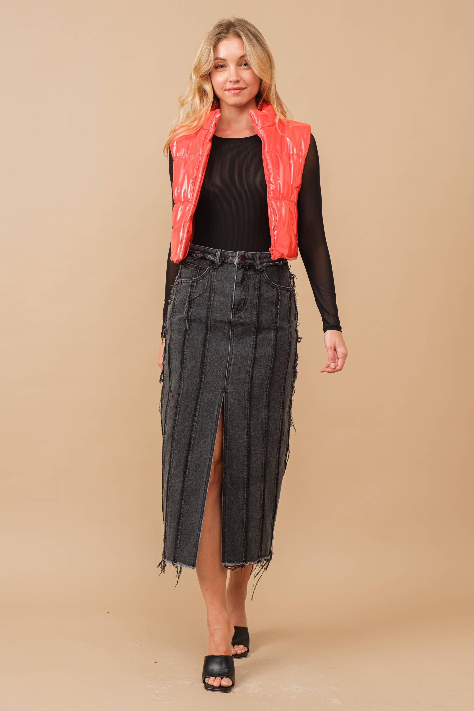 Blue B - Wholesale Outerwear Vest - Women's - 22656J - Gloss Shiny PU Quilted Puffer Zip Up Crop Vest51