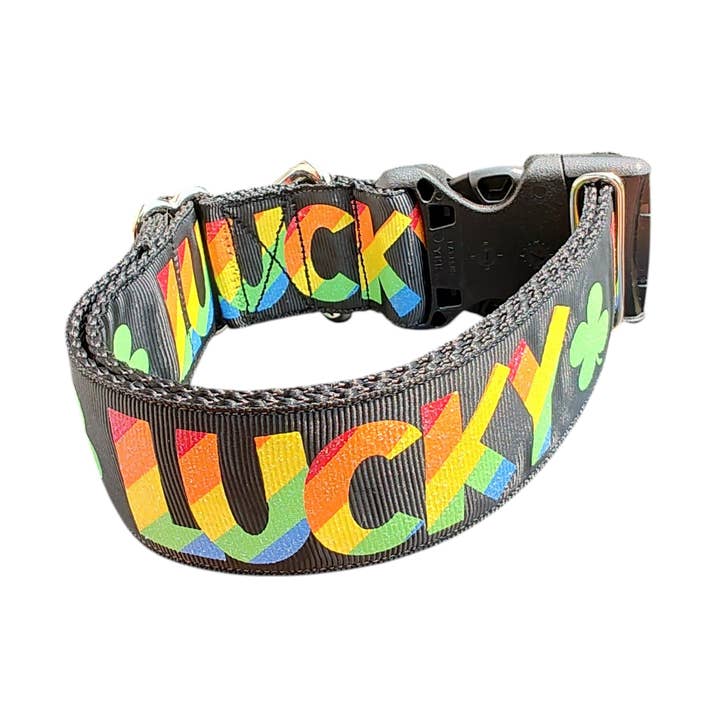 1.5" Wide Lucky Rainbow Clover Nylon Dog Collar for wholesale by Doot's Pet - Collars For A Cause