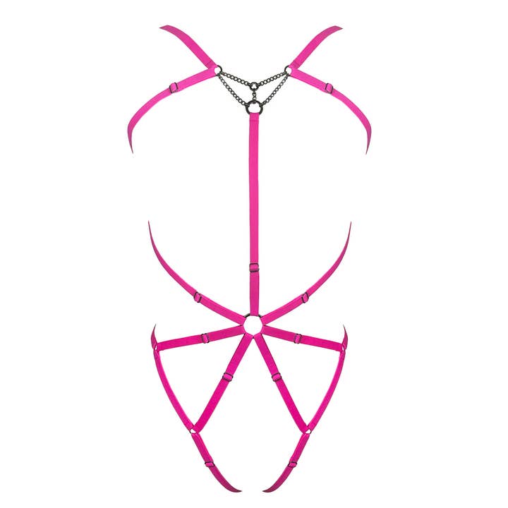 Arnés corporal eléctrico Frisson, color magenta para venta al por mayor de Monique Morin Lingerie