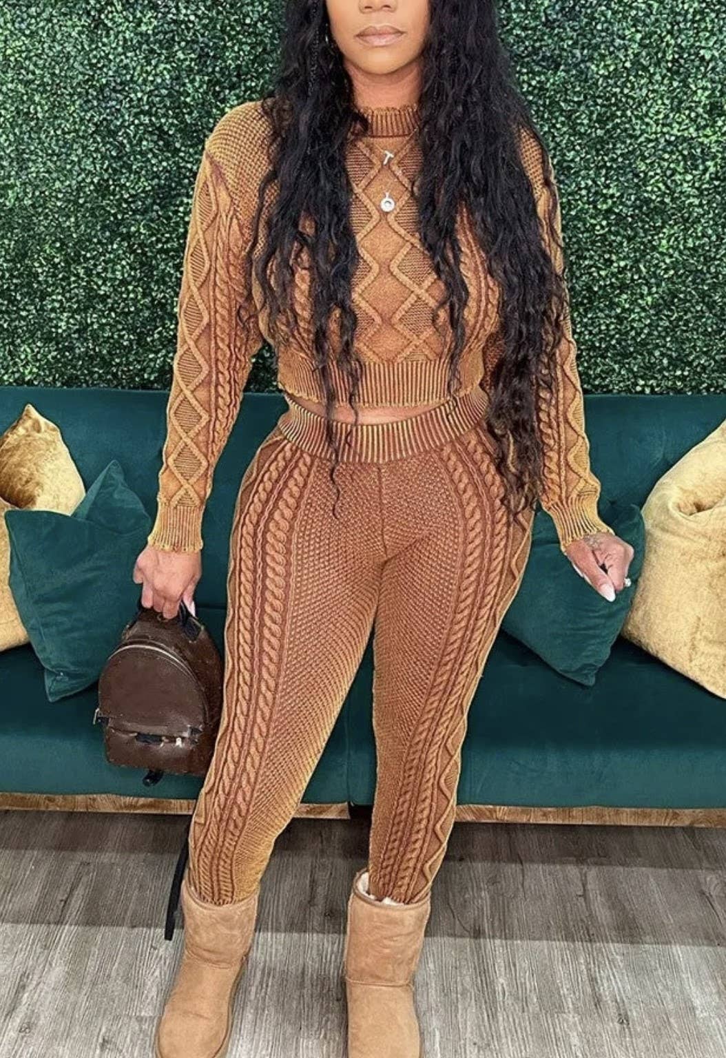 Beige MINERAL WASHED TWIST CABLE CROP TOP AND JOGGER SET for wholesale on Faire0