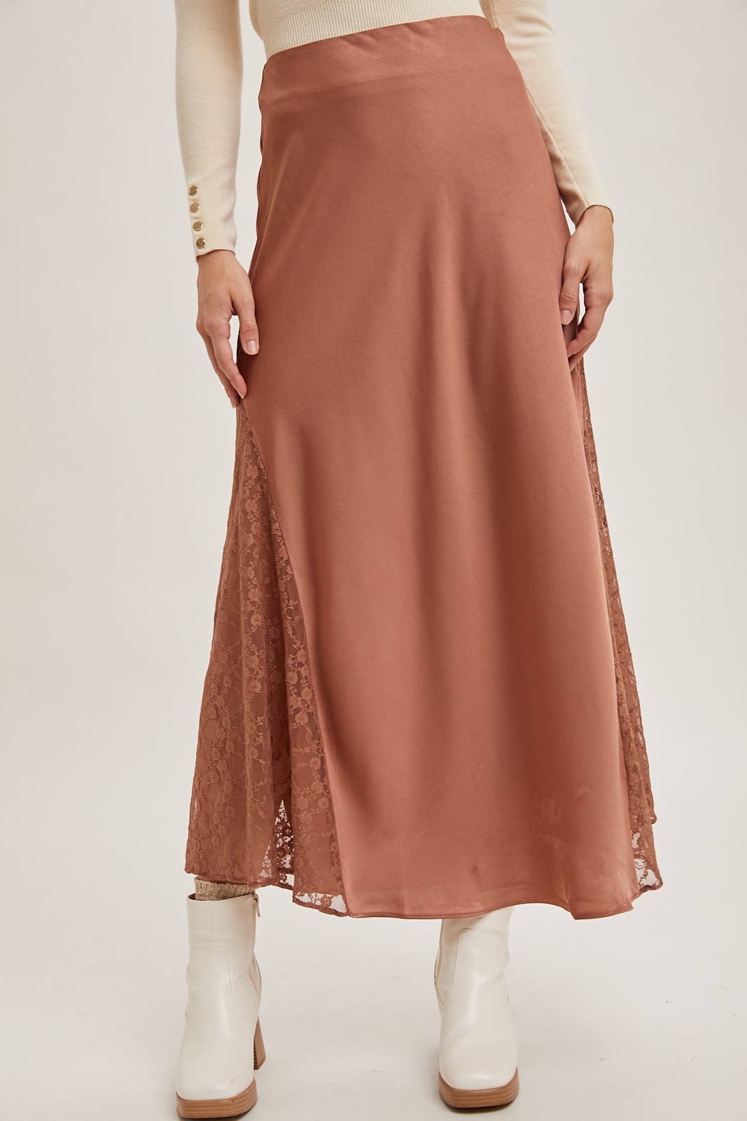 Bluivy - Vente Jupe – femme - Jupe midi en satin taille mi-haute avec bordure en dentelle2