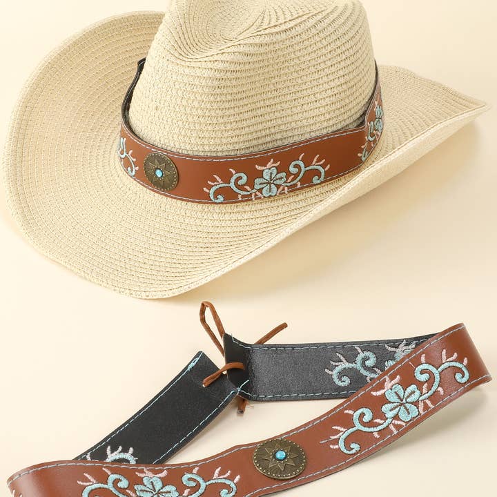 SP Sophia Collection - Wholesale Hat Accessory - Women's - Western Floral Embroidered Leather Hat Band