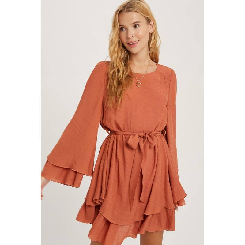 Pink Irene Wholesale - Wholesale Dress - Women's - LONG BELL SEEVE SELF TIE RUFFLE HEM SOLID DRESS11