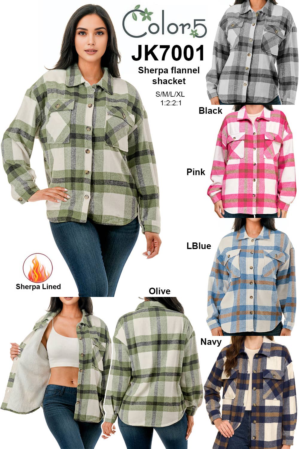 Color 5 - Wholesale Shirt Jacket/Shacket - Women's - Plaid flannel shacket basic shirt jacket w/fur lined inside16