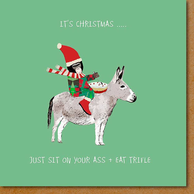 Sit on your ass & eat trifle Christmas Card for wholesale by Sally Scaffardi Design