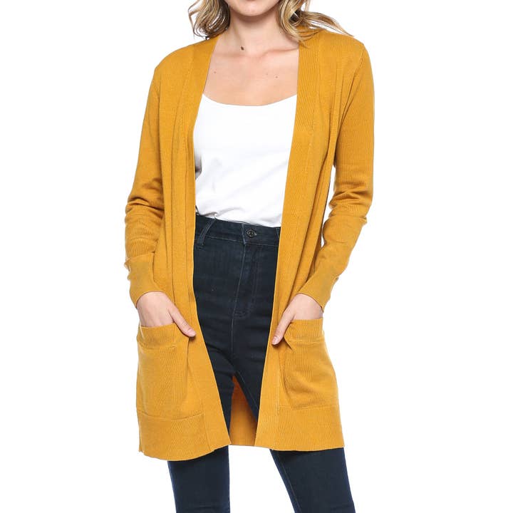 Premium Lightweight Open Front Pocket Cardigan Mustard for wholesale by Urban Look