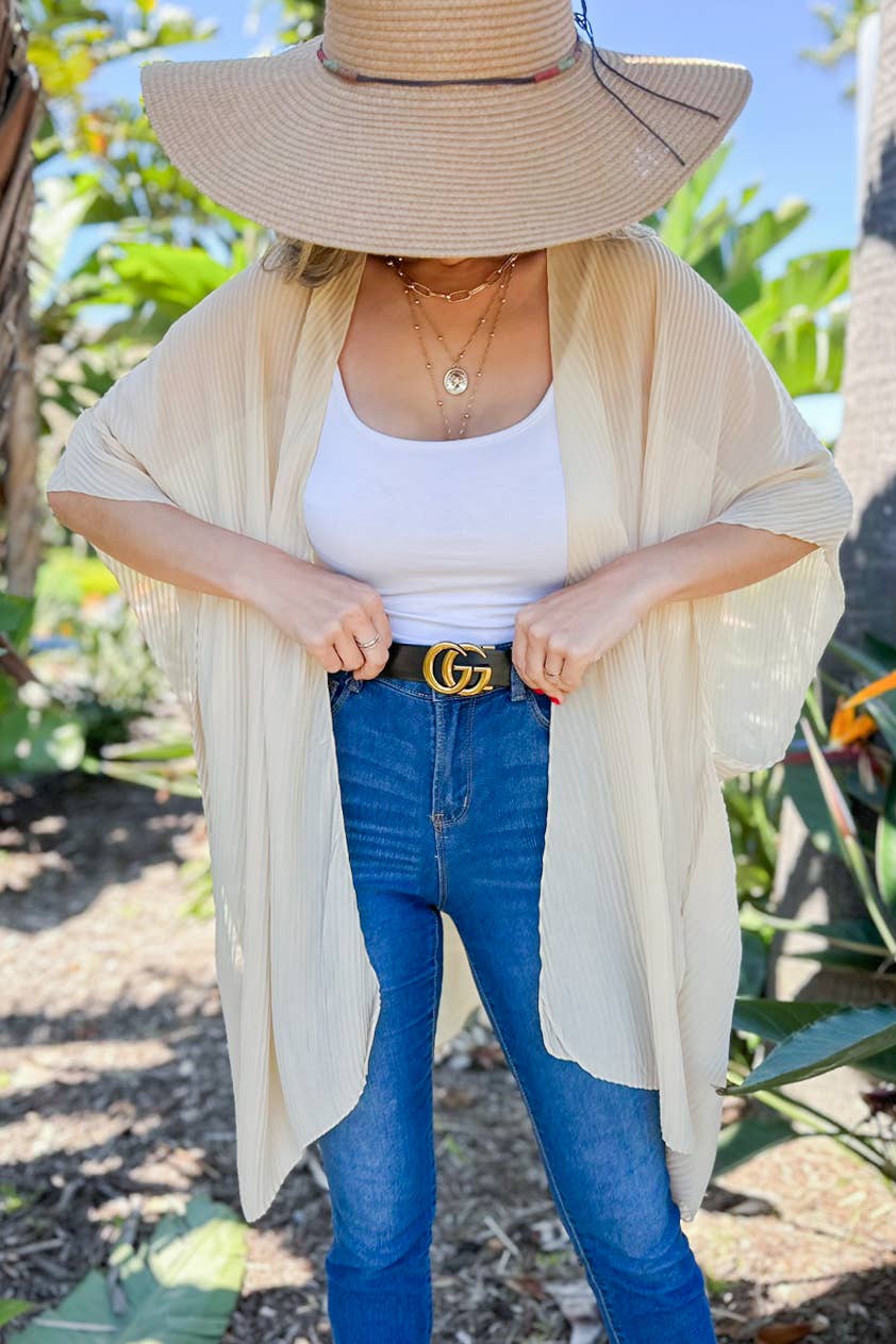 Beige Solid Pleated Chiffon Kimono Cover Up for wholesale on Faire2