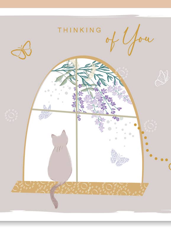 Sympathy Sad Cat on Windowsill Wisteria Print Wholesale Card for wholesale by SABIVO Design