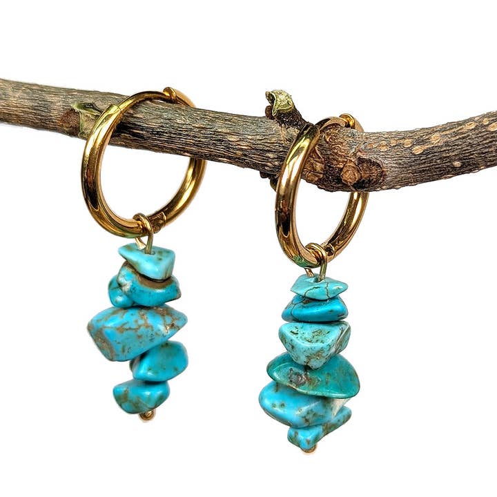 18K Real Gold Plated Stainless Steel Huggie Hoop Turquoise Gemstone Chips Earrings for wholesale by Stylish Jewelry Supply