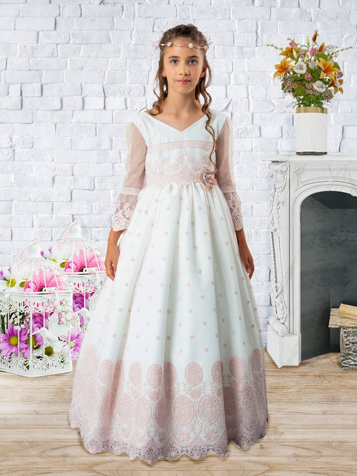 Vestido de comunhão em tule bordado para menina - modelo Amira por atacado de JaviLar Kids