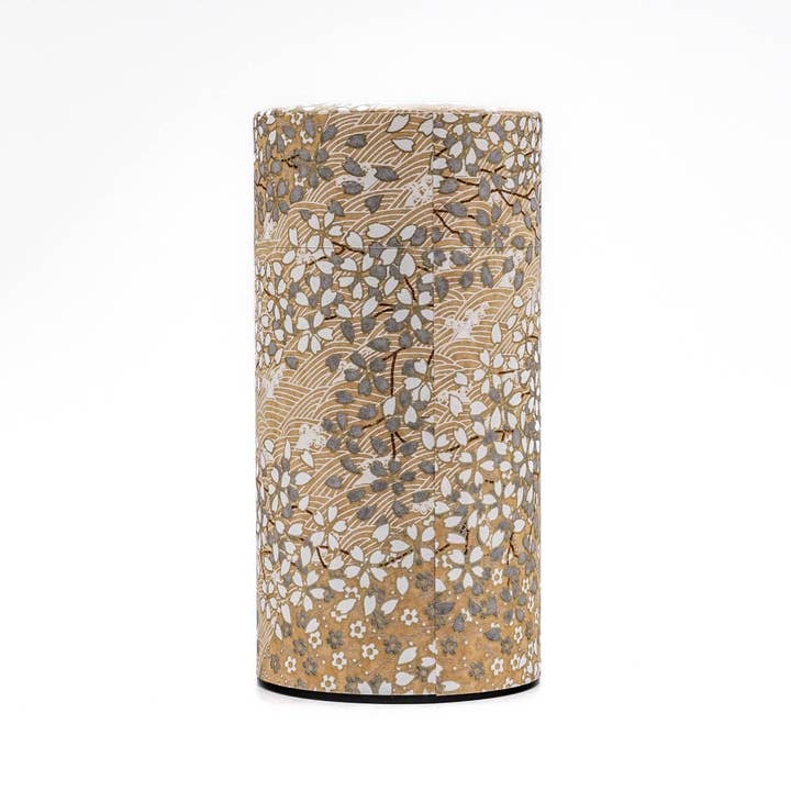 Tezumi - Wholesale Canister - Japanese Chazutsu - 江東堂 Kotodo - Gold White Floral Washi Wrapped Metal Tea Canister - 200g3