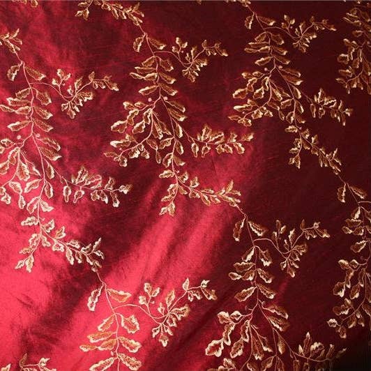 Embroidered Silk Dupioni Fabric - Hollywood & Vine Garnet for wholesale by Hyena