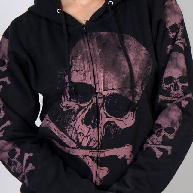 BLACK Hot Leathers GLZ4324 Ladies ‘Skull and Crossbones' Jumbo Print Ladies Hooded Sweatshirt for wholesale on Faire1