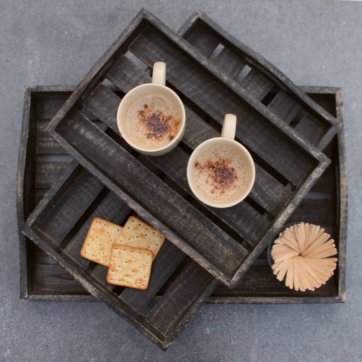 Handmade Barn Wood Serving Tray in Charcoal Grey, Set of 3 for wholesale on Faire