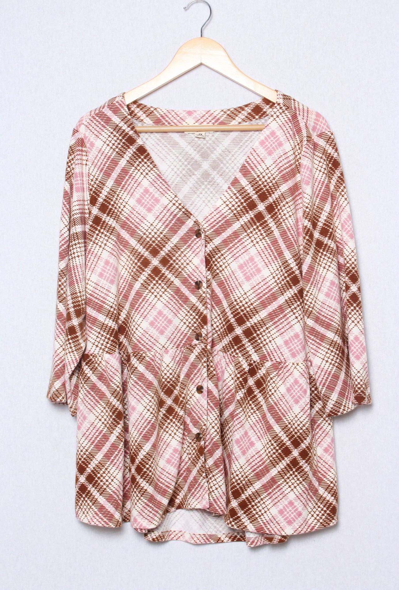 Good Stuff Apparel - Wholesale Blouse - Women's - Women's Plus Size 3/4 Sleeves Button Font Peplum Plaid Top0