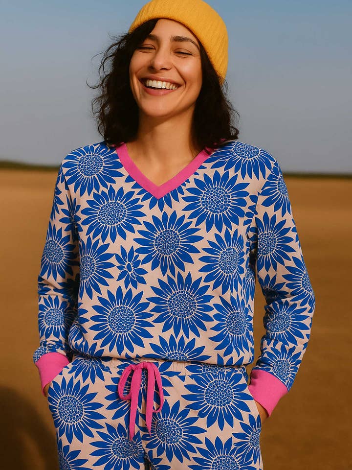 Sunflower Organic Jersey PJ Set (White/Blue) for wholesale by Anorak