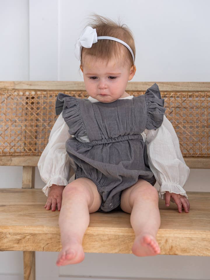 Grey Corduroy Solid Color Ruffled Baby Romper for wholesale by Yo Baby