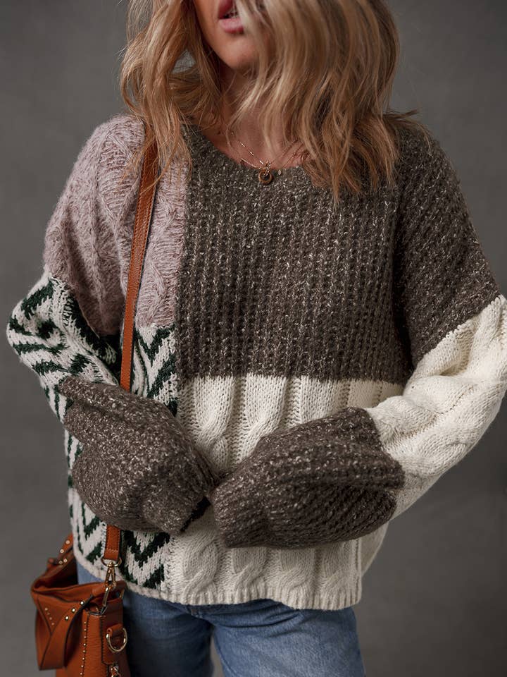 Color Block Patched Knotted Back Loose Fit Sweater*S-4X for wholesale by fashionworks