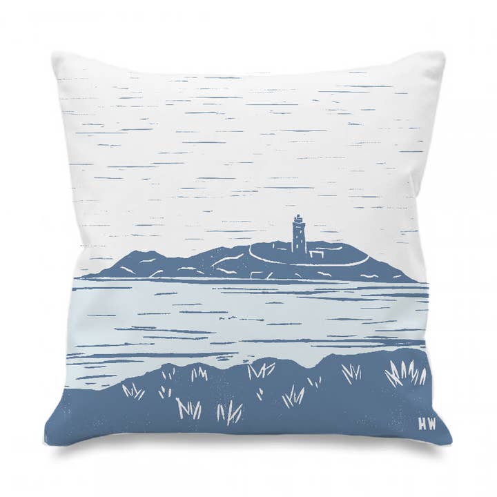 Godrevy Lighthouse Lino Print Cushion Cover for wholesale by Holly Woodman Textiles