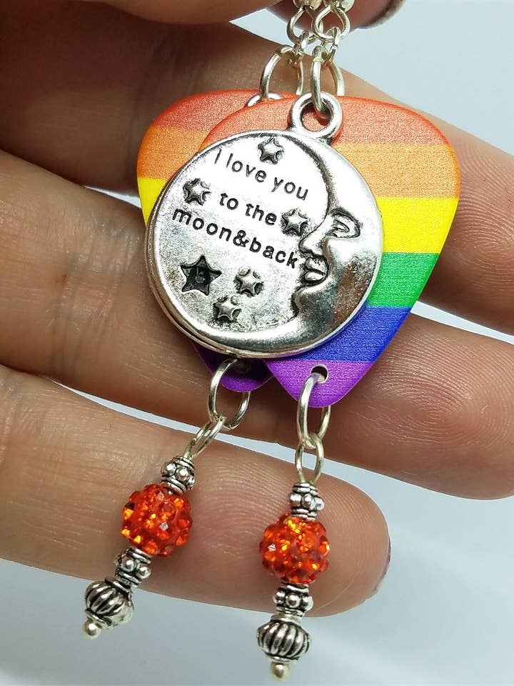 I Love You To The Moon And Back Pride Guitar Pick Earrings for wholesale by Simply Raevyn