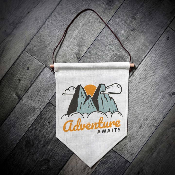 EllieBeanPrints - Wholesale Flag - Adventure Awaits Mountains Pennant Linen Flag1