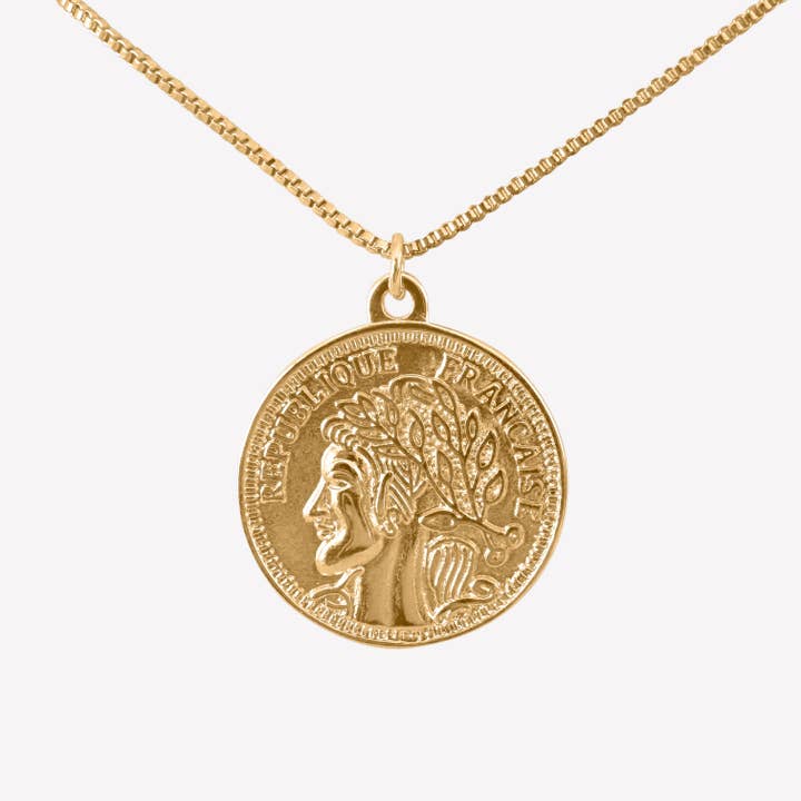 18k Gold-Plated French Coin Pendant on chain for wholesale by Aurea
