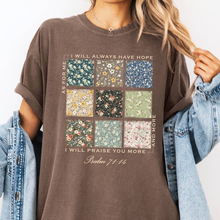 Bible Verse Floral Patchwork Comfort Colors Christian Tshirt for wholesale by Scripted Pearl