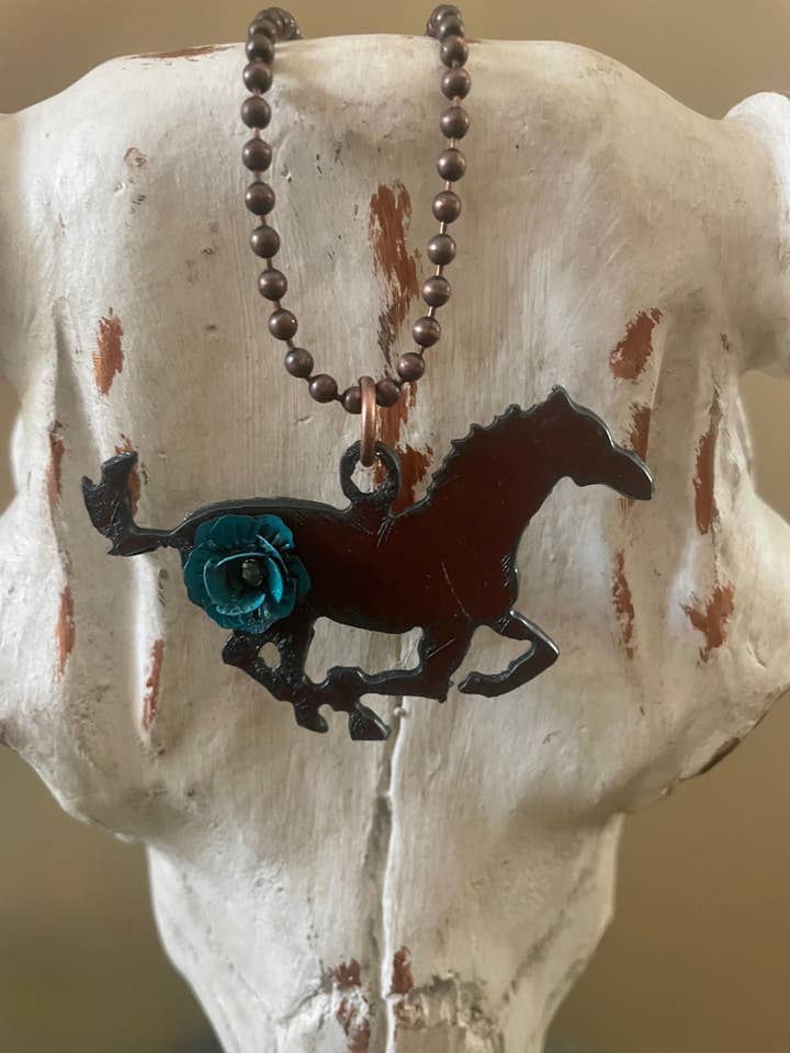 Rustic HORSE Necklace with Turquoise flower for wholesale by The Rustic Barn