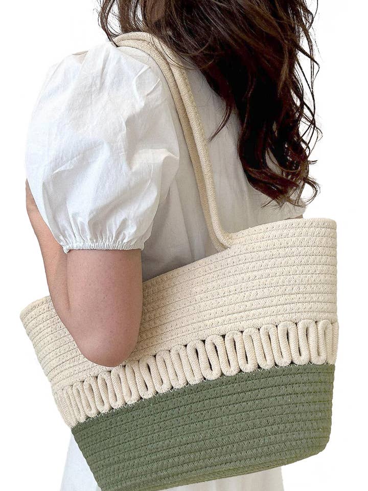Two Tone Thick Wavy Braided Woven Beach Tote Bag for wholesale by Cap Zone