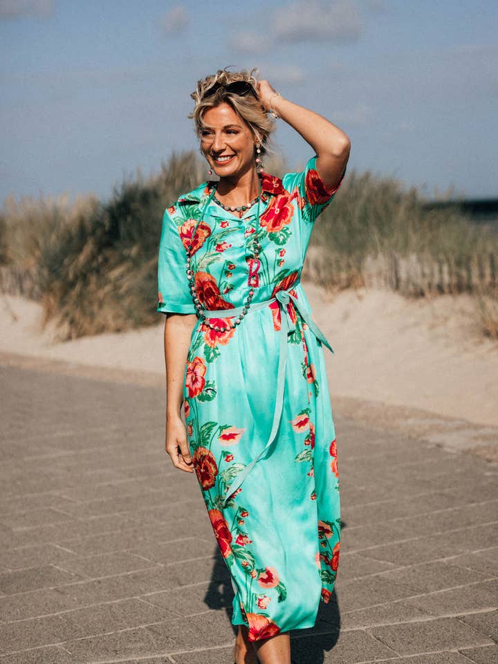 THEA - Vestido Longo Verde Floral de Manga Curta por atacado de LES BLONDINETTES