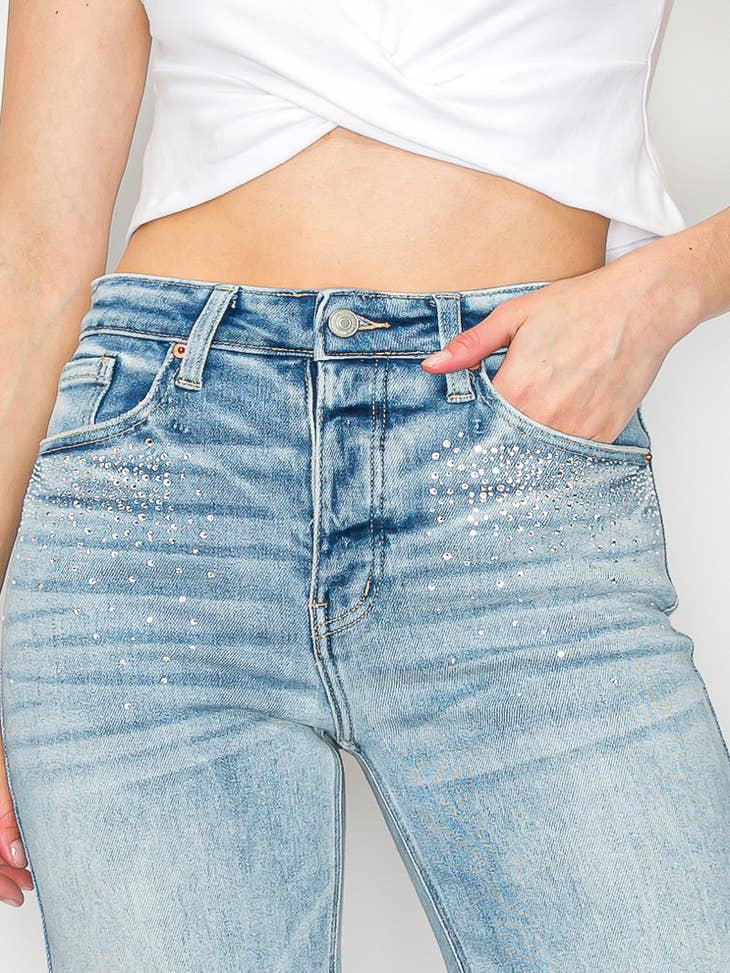 Wholesale RHINESTONES ON POCKET STRETCH WIDE JEANS for your store - Faire