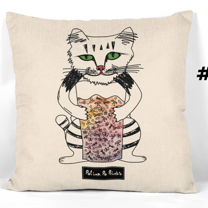 Kattenkussen. Eigenzinnige kussenhoezen. Smiley gezicht kussen. voor wholesale door Polina Po Prints