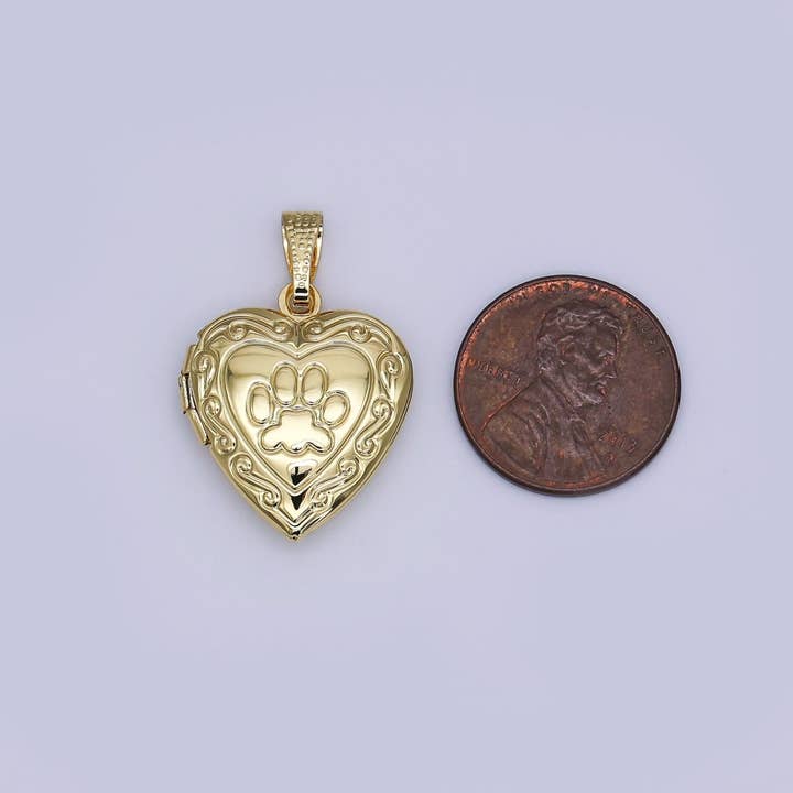 Aim Eternal - Wholesale Individual Charm/Pendant - 24K Gold Filled Dog Paw Engraved Heart Locket for Pet Photo Charm | AH4881