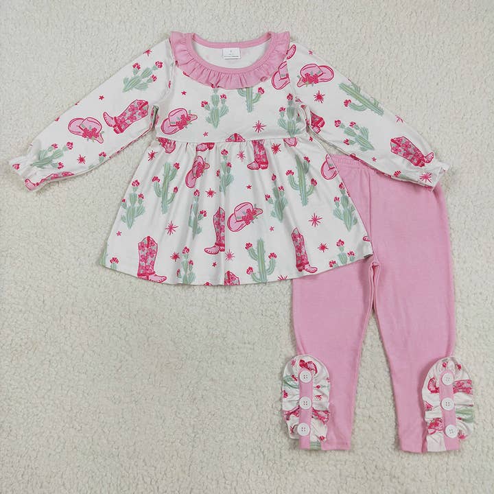 Baby Girls Pink Boots Cactus Tunic Legging Pants Western Set for wholesale by Aier Wholesale