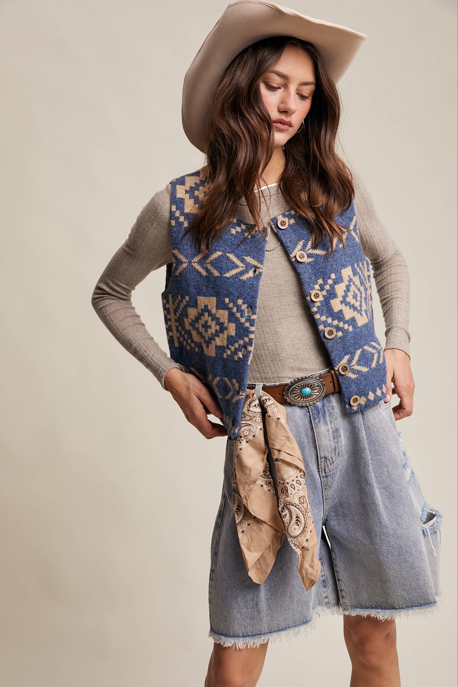 Listicle - Wholesale Sweater Vest - Women's - Southwestern Button-Up Vest LSW09771