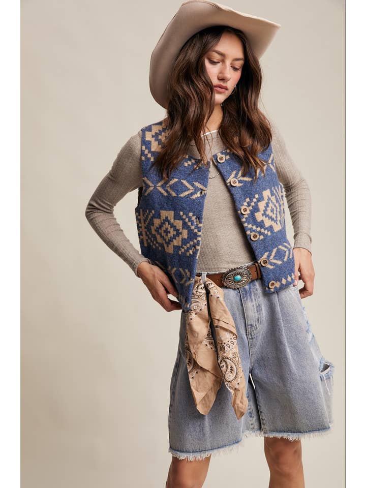 Listicle - Wholesale Sweater Vest - Women's - Southwestern Button-Up Vest LSW09771