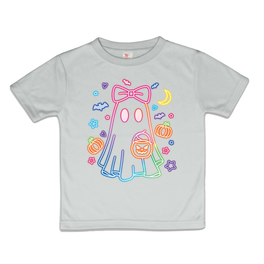 AvaryMaeInspirations – Großhandel T-Shirt mit Siebdruck – Kinder – Neon-Geistermädchen Halloween T-Shirt, Kürbisse4
