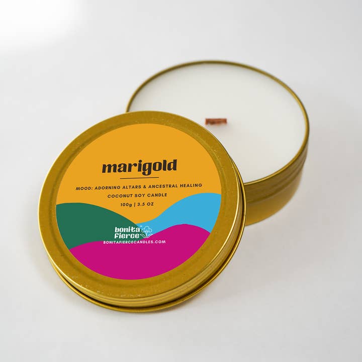 Bonita Fierce Candles - Wholesale Travel Candles - Marigold Candle Tin | Dia De Los Muertos Candle