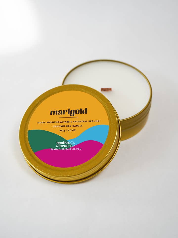 Marigold Candle Tin | Dia De Los Muertos Candle for wholesale by Bonita Fierce Candles