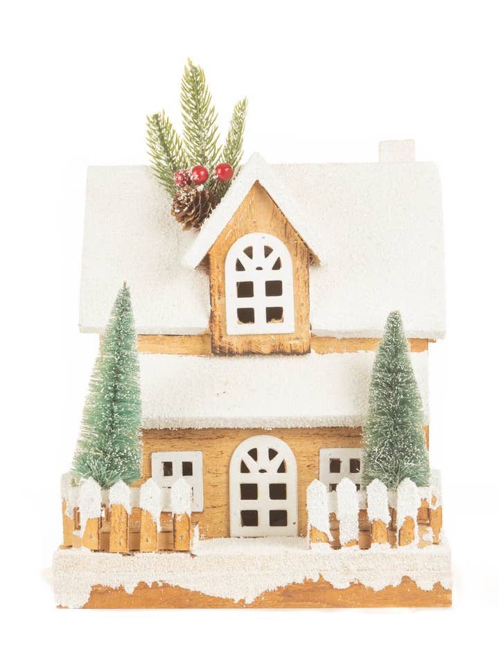 White/Light Brown LED Snowy Cabin Display for wholesale by Starlight Collection